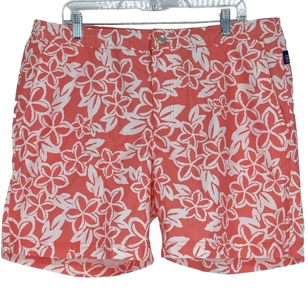 Cole coral white tropical flower print swim trunks men's size 36